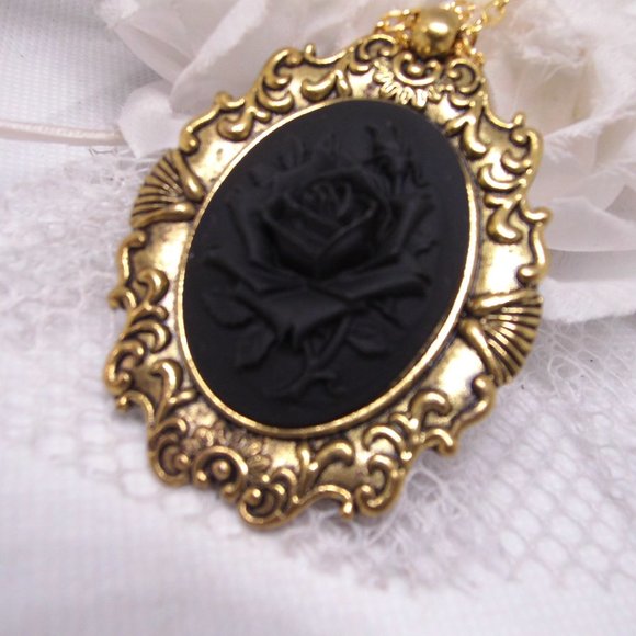 Gold Black on Black Rose Cameo Necklace Pendant - Picture 3 of 6